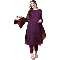 ishin Women Purple Paisley Embroidered Regular Chikankari Kurta Set| Kurta with Trousers & Dupatta|Kurta Set for Women