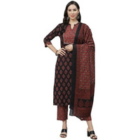 Yuris Women Black Maroon Cotton Ethnic Motif Block Print Kurta with Trousers Dupatta (L)