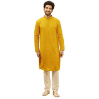 Manyavar Mens Mustard Viscose CHIKANKARI Kurta Pyjama Set