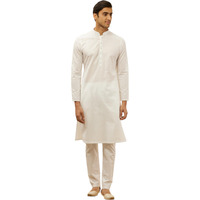 Manyavar Men's White Cotton Checks Kurta Pyjama Set