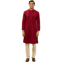 Manyavar Mens Maroon Blended Cotton CHIKANKARI Kurta Pyjama Set