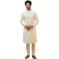 Manyavar Mens Warm White Blended Cotton CHIKANKARI Kurta Pyjama Set