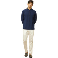 Manyavar Mens Blue Art Silk Solid Short Kurtas