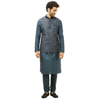 Manyavar Mens Blue Art Silk Printed Jacket
