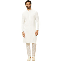 Manyavar Mens White Viscose Embroidered Kurta Pyjama Set