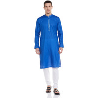 Manyavar Cotton Solid Casual Kurta Set for Men Blue