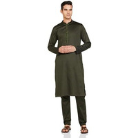 Manyavar Cotton Solid Casual Kurta Set for Men Green
