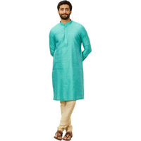 Manyavar Men's Blue Blended Viscose Self Design Kurta Pyjama Set (L)
