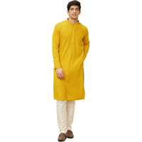 Manyavar Mens Mustard Viscose CHIKANKARI Kurta Pyjama Set