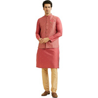 Manyavar Men's Art Silk Embroidered Kurta Jacket Pyjama Set (Pink,XL)