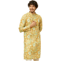 Manyavar Men's Peach Yellow Floral Printed Kurta (XL)