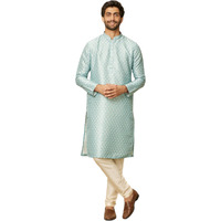 Manyavar Mens Green Art Silk Self Design Kurta Pyjama Set