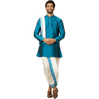 Manyavar Mens Blue Art Silk Solid Kurta Pancha Set