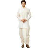 Manyavar Mens White Art Silk Solid Kurta Pancha Set
