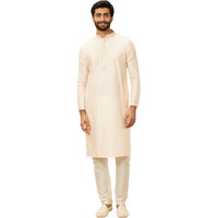 Manyavar Men's Peach Blended Viscose Self Design Kurta Pyjama Set (M)