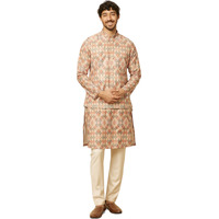 Manyavar Mens Beige Blended Viscose Printed Jackets