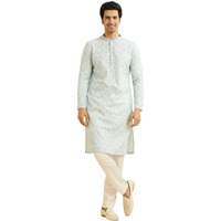 Manyavar Men's Cotton Blend Printed | Chikankari Kurta Pyjama Set (Blue,S)