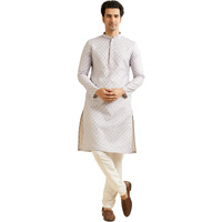 Manyavar Men's Art Silk Grid Patterned Kurta Set (Lilac,XXL)