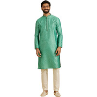 Manyavar Men's Art Silk Intricate Prints & Neck Detailing Kurta Pyjama Set (Green,3XL)