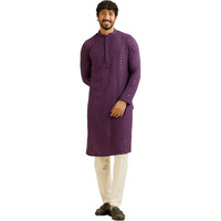 Manyavar Men's Viscose Chikankari | Sequined Kurta Pyjama Set (Purple,S)