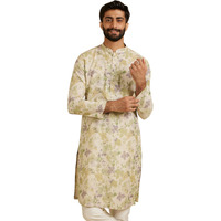 Manyavar Men's Linen Blend Digital Floral Print Long Kurta (Green,2XL)