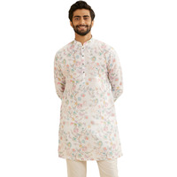 Manyavar Blended Cotton Men's Floral Print Kurta (Cream,L)
