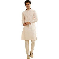 Manyavar Men's Viscose Blend Digital Leaf Print Kurta Set (Peach,XXXL)