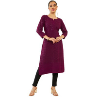 Soch Womens Wine Rayon Sequin Embroidered Boat-Neck Straight Kurta