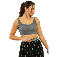 Soch Womens Grey Net Shimmery Scoop-Neck Back-Open Sleeveless Blouse