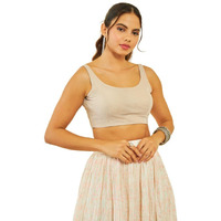 Soch Womens Beige Net Shimmery Scoop-Neck Back-Open Sleeveless Blouse