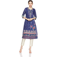BIBA Synthetic Women Printed Straight Mix and Match Kurta (Mnmindigo14138_Indigo_36), Large