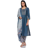 BIBA Women Cotton Solid Narrow Salwar Kurta Dupatta(Skdskd6249E_Blue_36)