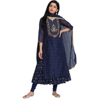 BIBA WOMEN YARNDYED FITTED SALWAR KURTA DUPATTA(SKDFORMAL7204_NAVY_32)