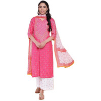 BIBA Cotton Women Printed Relaxed Salwar Kurta Dupatta(Skdassorted7197E_Pink_34)