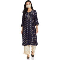 BIBA WOMEN PRINTED STRAIGHT SALWAR KURTA DUPATTA(SKD7451E_NAVY BLUE_36)
