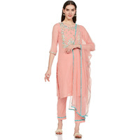 BIBA Polycotton Women Yarndyed Narrow Salwar Kurta Dupatta(Skd7456E_Peach_32)