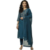 BIBA WOMEN SOLID; EMBROIDRED NARROW SALWAR KURTA DUPATTA(SKDASSORTED7678_BLUE_42)