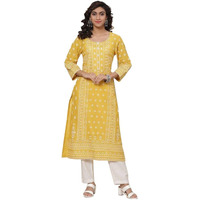 BIBA Printed Round Neck Straight Fit Womens Kurta (Mustard,34)