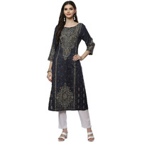 BIBA Women Printed Straight Kurta(DENIMDA18626_Blue_M)