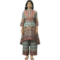 BIBA Polyester Women Printed Straight Salwar Kurta Dupatta(Skdarabina8182_Blue_34)