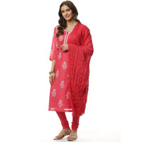 BIBA Women's Cotton Pink Straight Kurta Churidar Suit Set