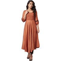 W Brown Rayon Blend Embroidered A-Line Kurta for Women