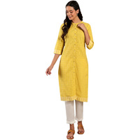 W Yellow Cotton Checked Straight-Long Kurta for Women