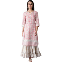 W For Woman Light Pink Floral Printed Cotton Regular Kurta with Sequins
