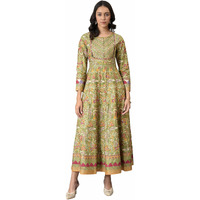 W Green Floral Printed Glitter Anarkali Kurta for Women