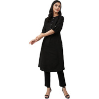 W Black Cotton Blend Solid Straight Long Kurta for Women