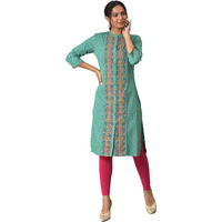 W For Woman Light Green Synthetic Geometric Printed Kurta with Glitter Detail