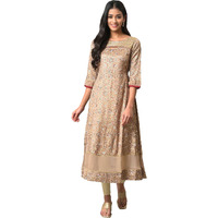 Beige Foil Printed A-Line Liva Kurta