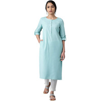 W for Woman Blue Casual Solid Print Cotton Blend Straight Kurta_20FEW13783-213747_XS