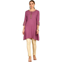 Soch Womens Onion Pink Tie-Up Neck Rayon Slub A-Line Short Kurta with Thread Work